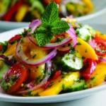 Delicious mango salad drizzled with tangy lime dressing, garnished with fresh herbs.