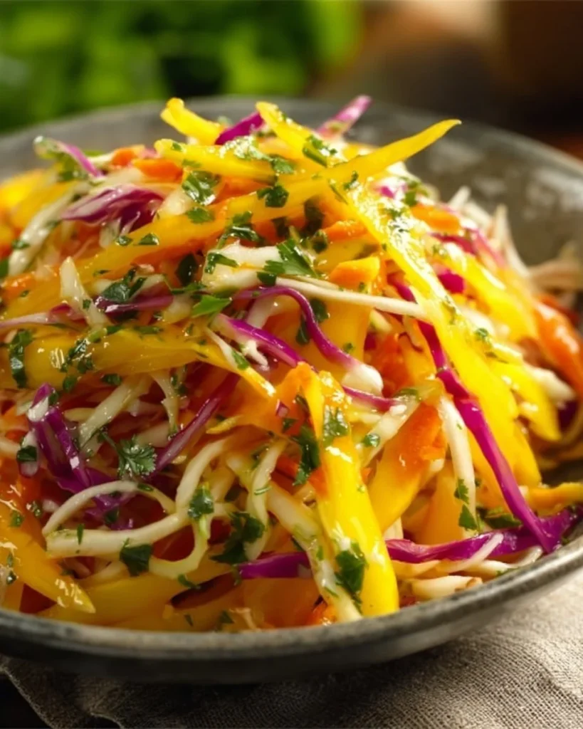 Colorful bowl of fresh Mango Slaw with vegetables and a citrus dressing