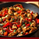 Healthy Mediterranean chicken stir fry with colorful vegetables in a skillet