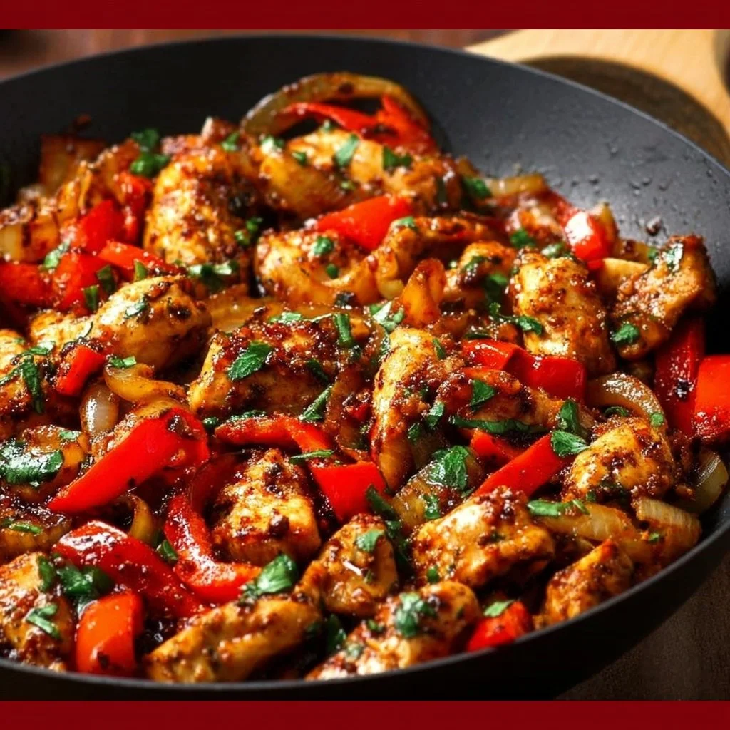 Healthy Mediterranean chicken stir fry with colorful vegetables in a skillet