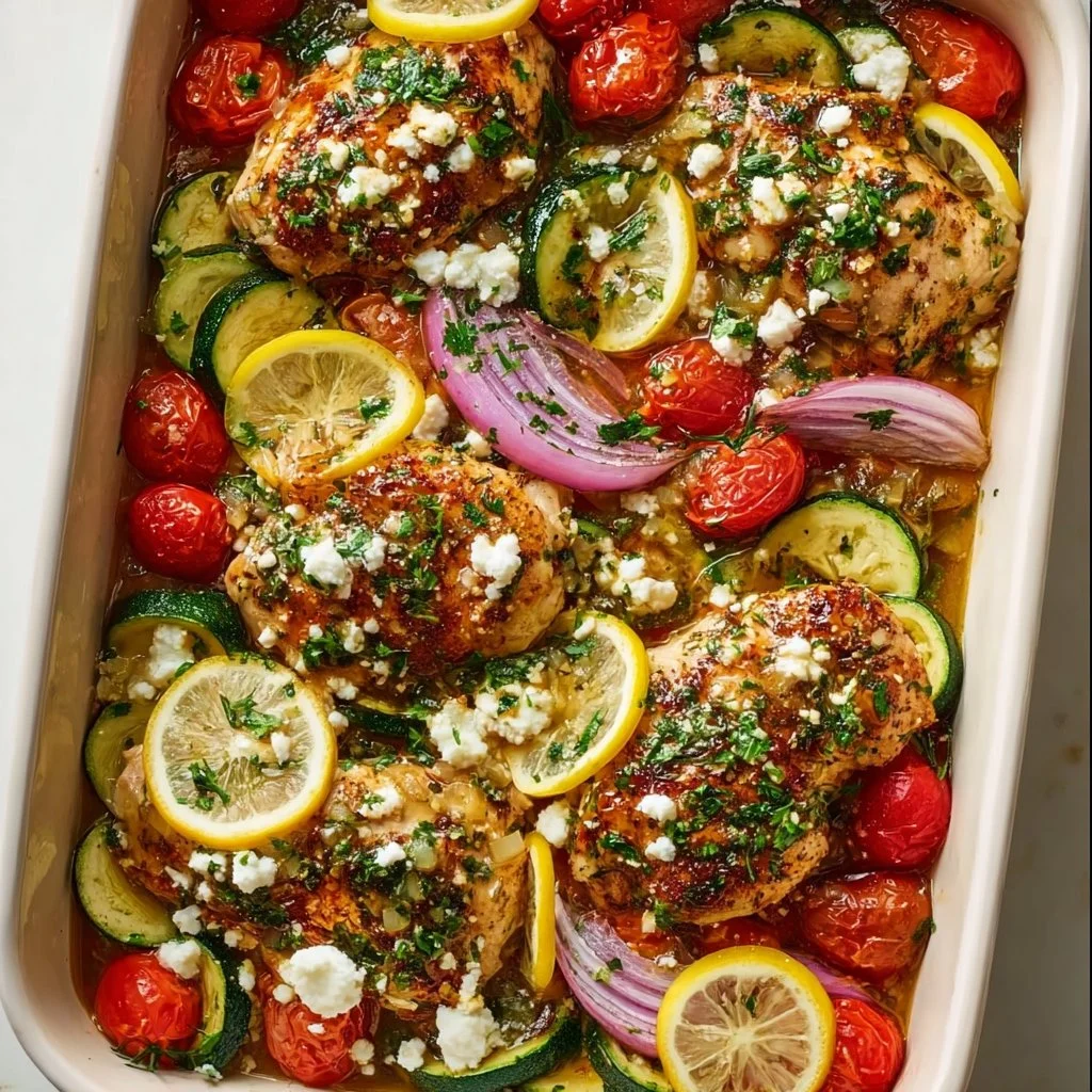 Mediterranean Chicken Zucchini Bake topped with herbs and cheese