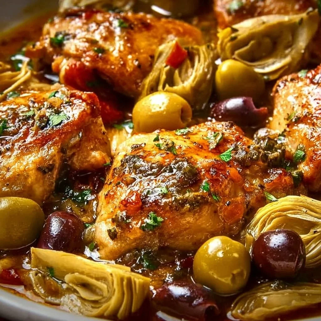 Mediterranean Lemon Chicken with artichokes and olives served on a plate