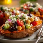 Mediterranean stuffed sweet potato boats filled with flavorful ingredients