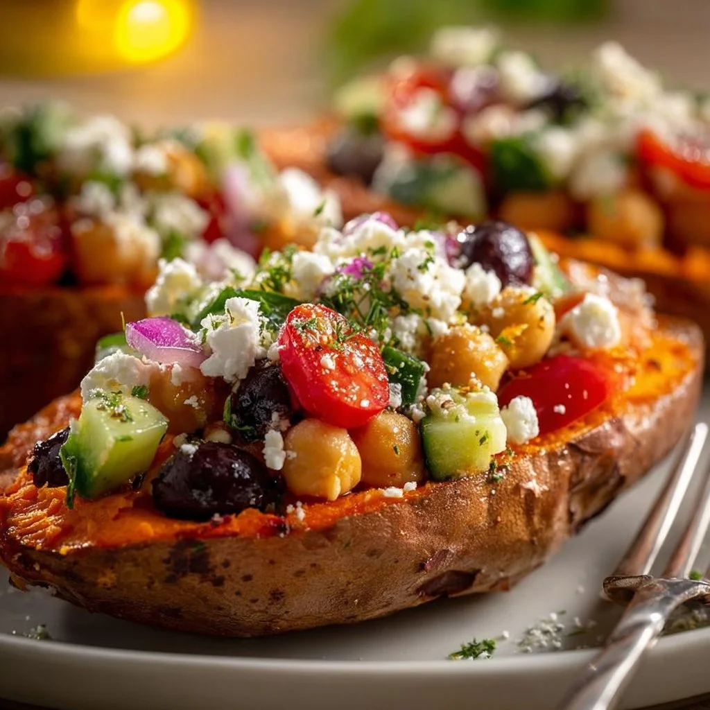 Mediterranean stuffed sweet potato boats filled with flavorful ingredients
