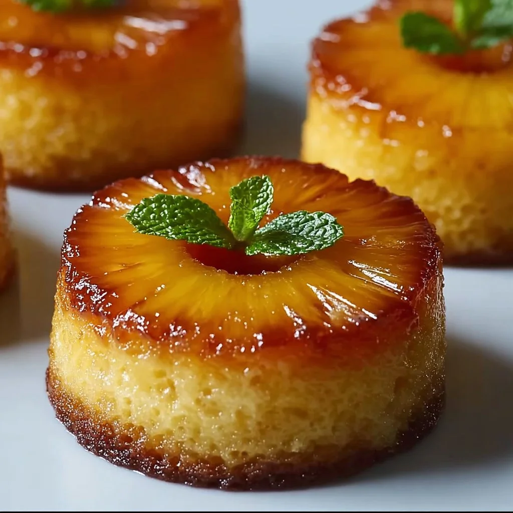Mini pineapple upside down cakes arranged on a plate