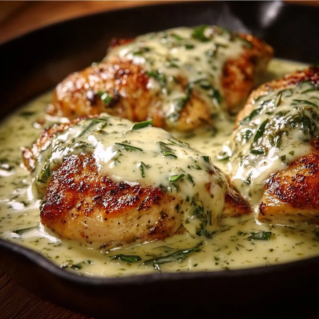 Delicious mozzarella chicken with basil cream sauce served on a plate