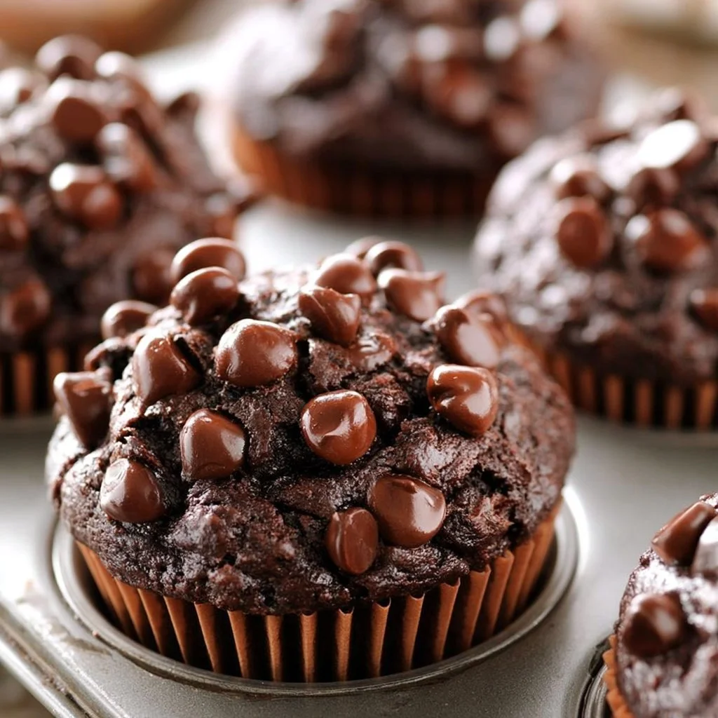 Delicious bakery-style double chocolate zucchini muffins ready to enjoy.