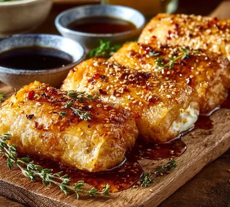Oven-fried feta rolls served with spicy chili honey for an irresistible flavor.
