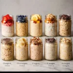 A bowl of delicious overnight oats topped with fruits and nuts for a healthy breakfast.