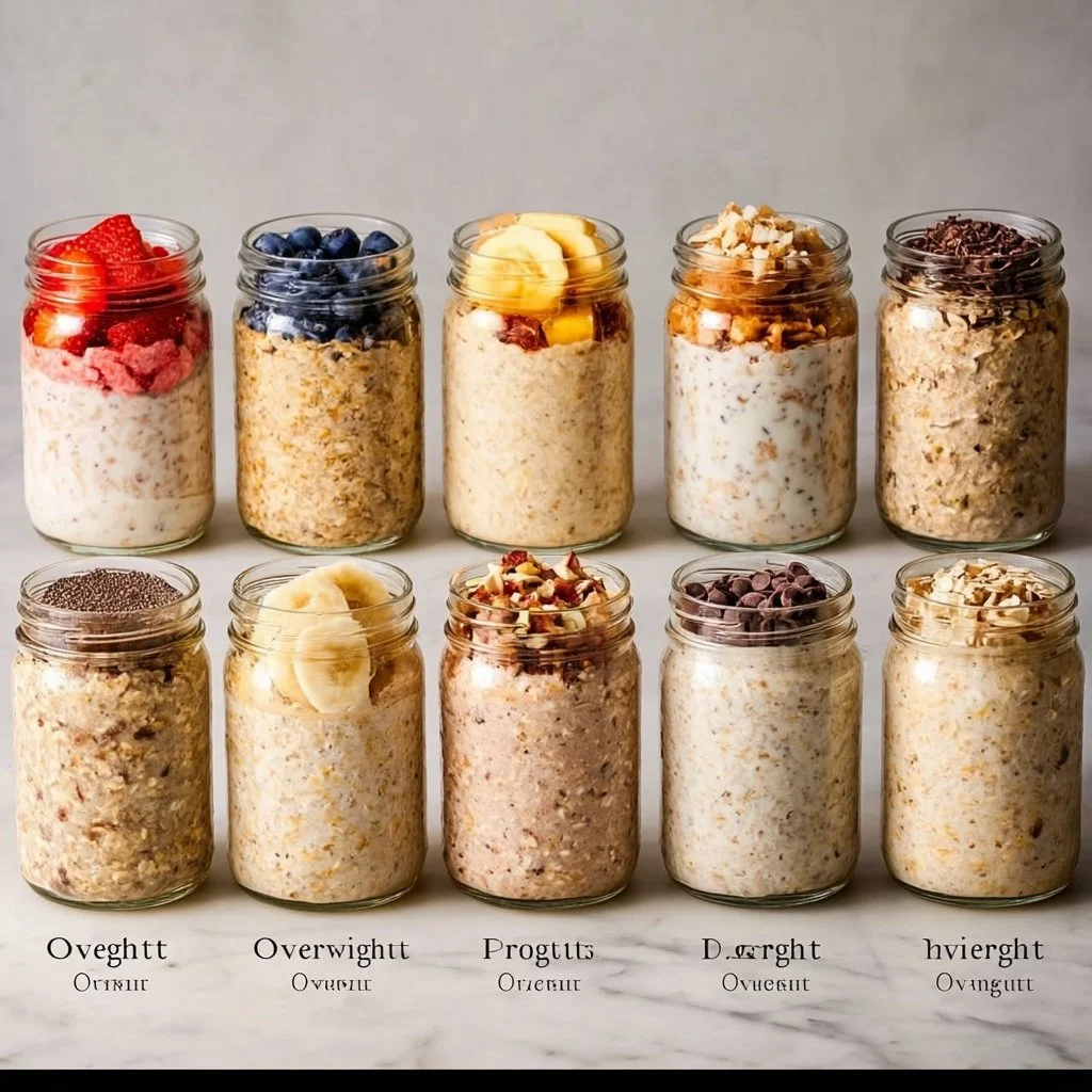 A bowl of delicious overnight oats topped with fruits and nuts for a healthy breakfast.