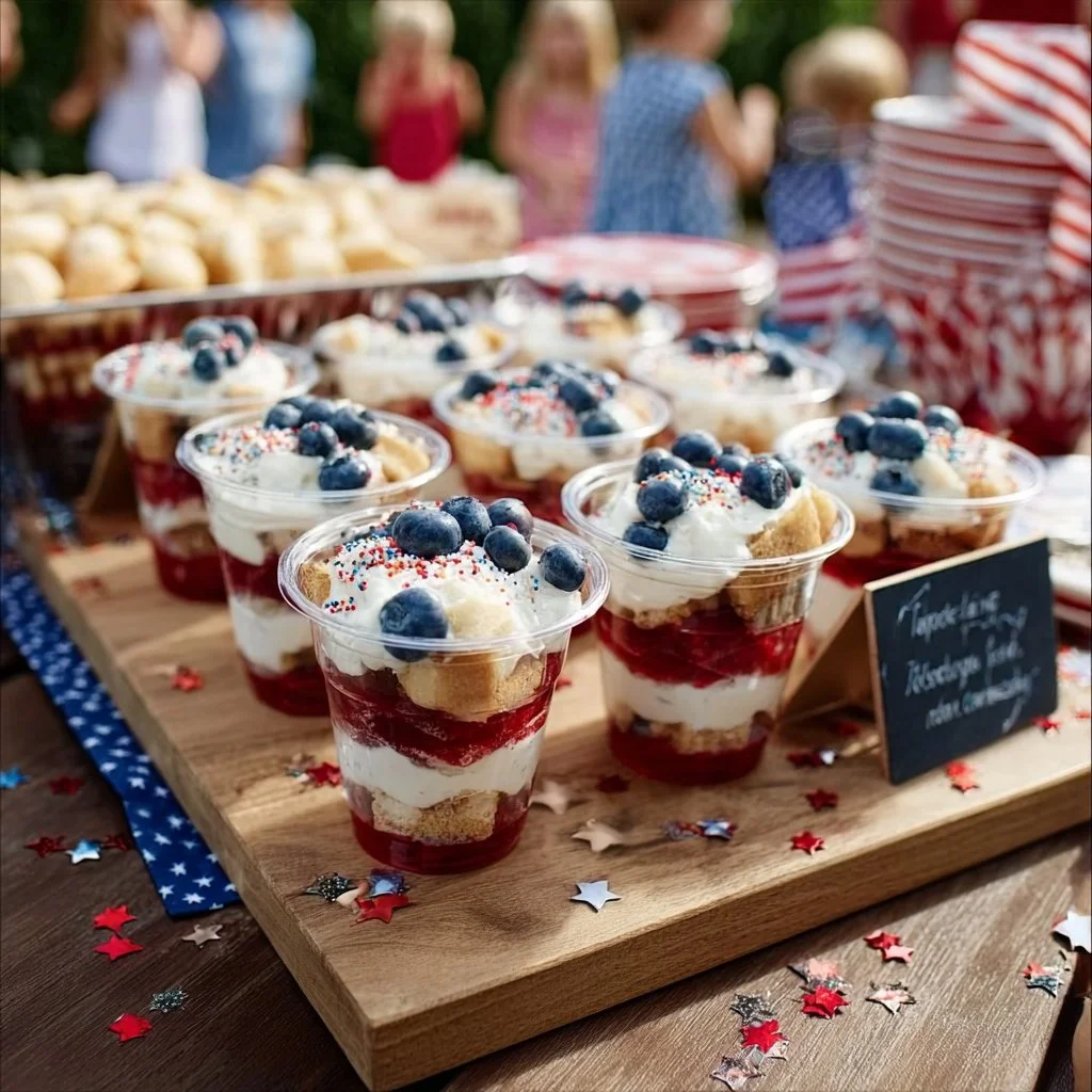 Colorful patriotic desserts in cups featuring red, white, and blue layers.