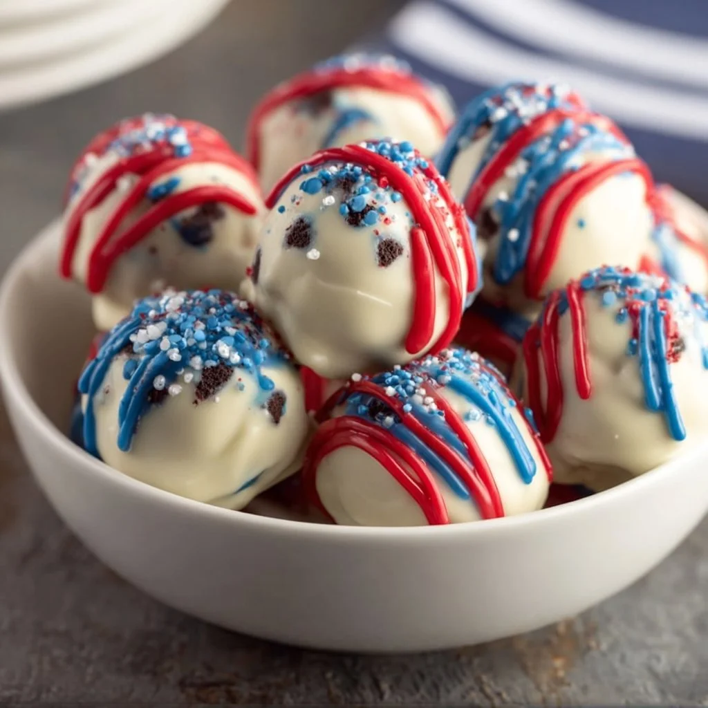 Deliciously decorated Patriotic Oreo Balls for festive celebrations.