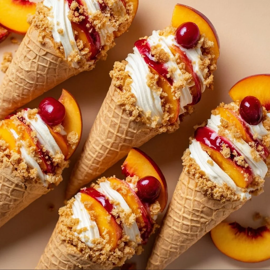 Peach Cobbler Cheesecake Cones with fresh peaches and creamy cheesecake filling