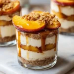 Delicious Peach Cobbler Cheesecake Cups served in elegant dessert cups.