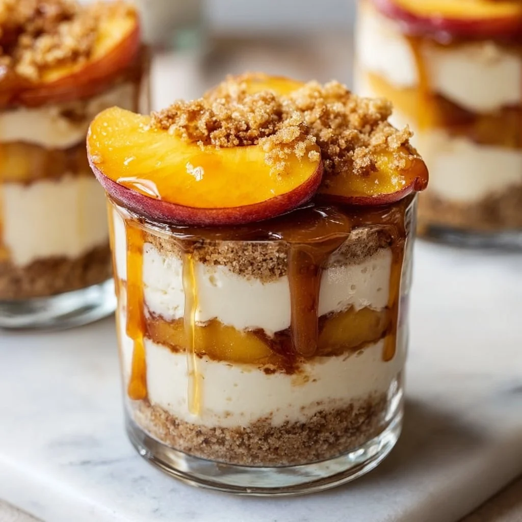 Delicious Peach Cobbler Cheesecake Cups served in elegant dessert cups.