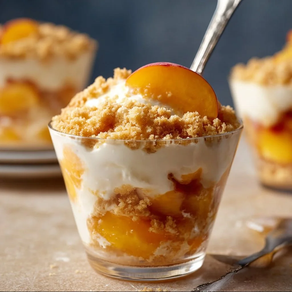 Peach cobbler dessert cups topped with fresh peaches and whipped cream.