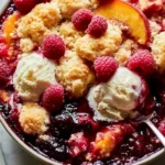 Delicious peach cobbler with fresh raspberries served in a dish