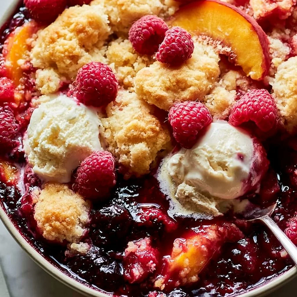 Delicious peach cobbler with fresh raspberries served in a dish
