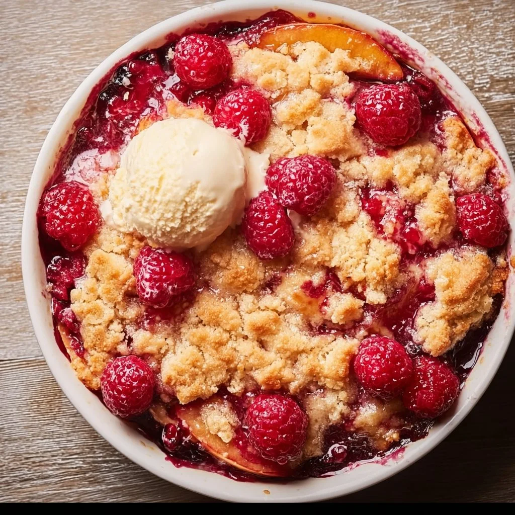 Peach Cobbler with Raspberries
