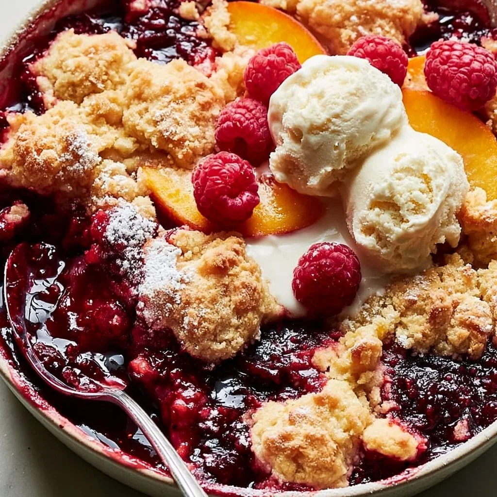 Delicious Peach Cobbler with Raspberries topped with golden crust