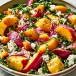 Fresh and vibrant Peach Salad with greens and nuts served in a bowl.