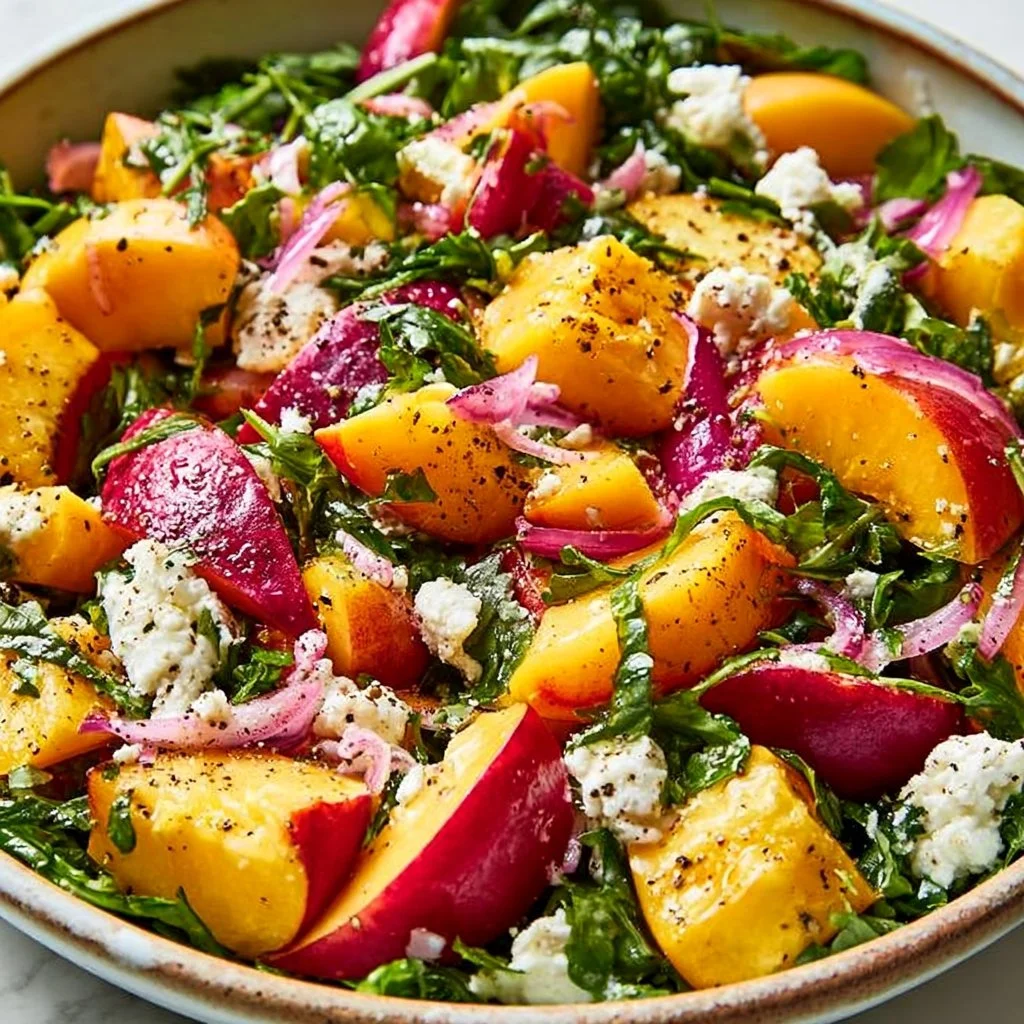 Fresh and vibrant Peach Salad with greens and nuts served in a bowl.