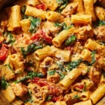 Delicious pesto chicken pasta bake topped with cheese and fresh basil.