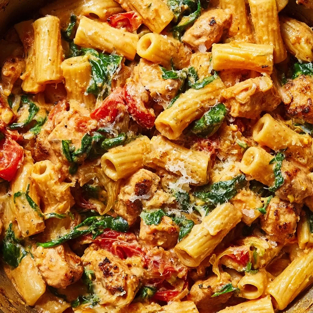 Delicious pesto chicken pasta bake topped with cheese and fresh basil.