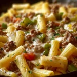Creamy Philly Cheesesteak Pasta with cheese and peppers in a bowl