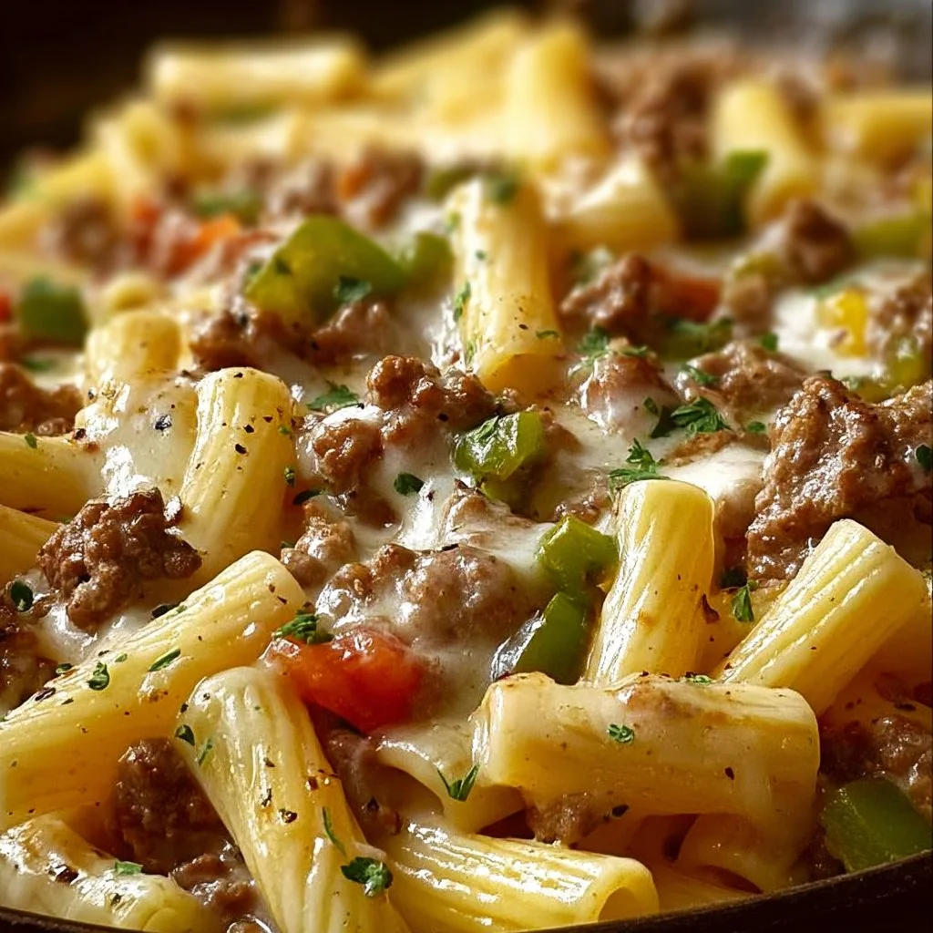 Creamy Philly Cheesesteak Pasta with cheese and peppers in a bowl