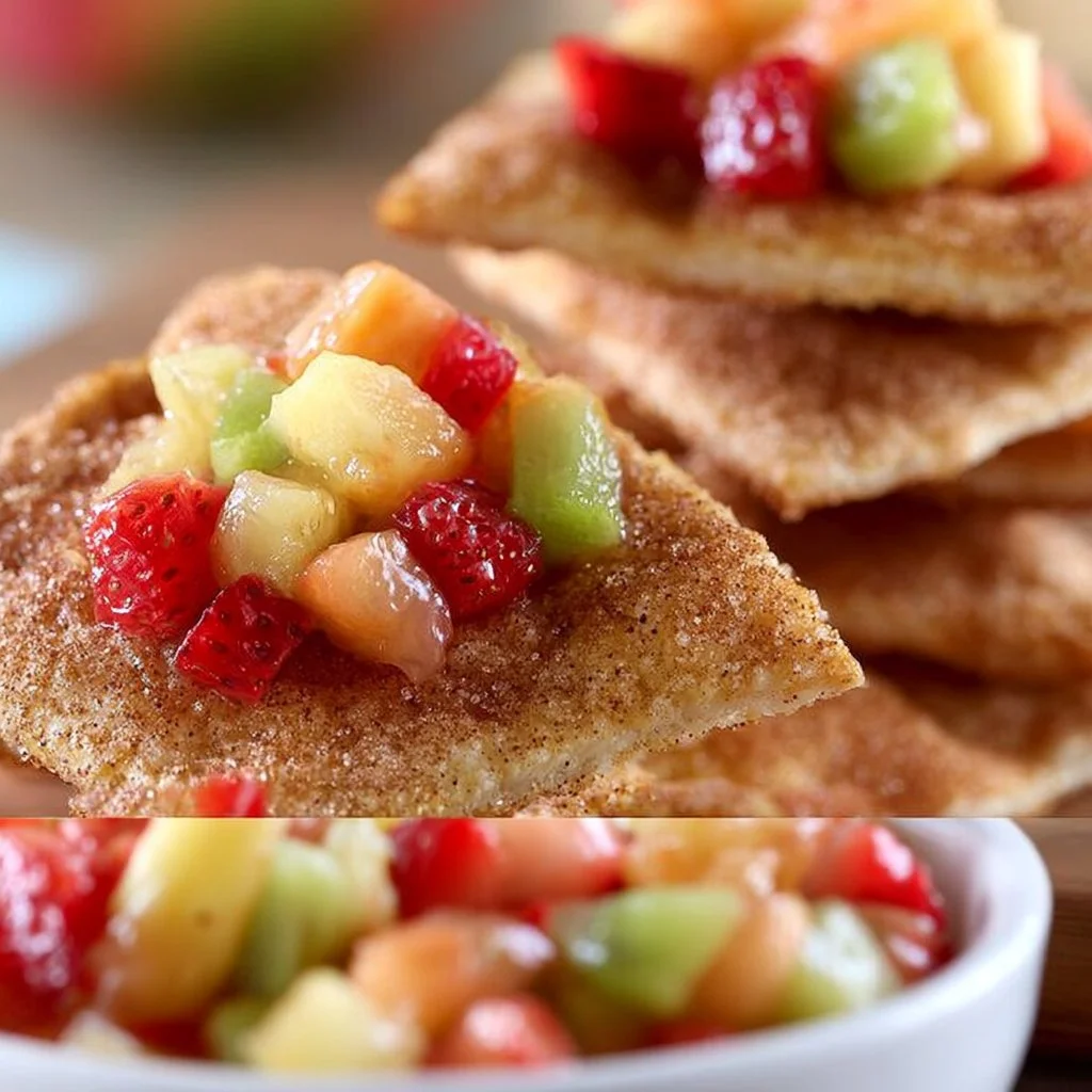 Delicious pie crust chips served with colorful fruit salsa in a bowl