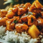 Plate of Pineapple Chicken and Rice garnished with fresh herbs