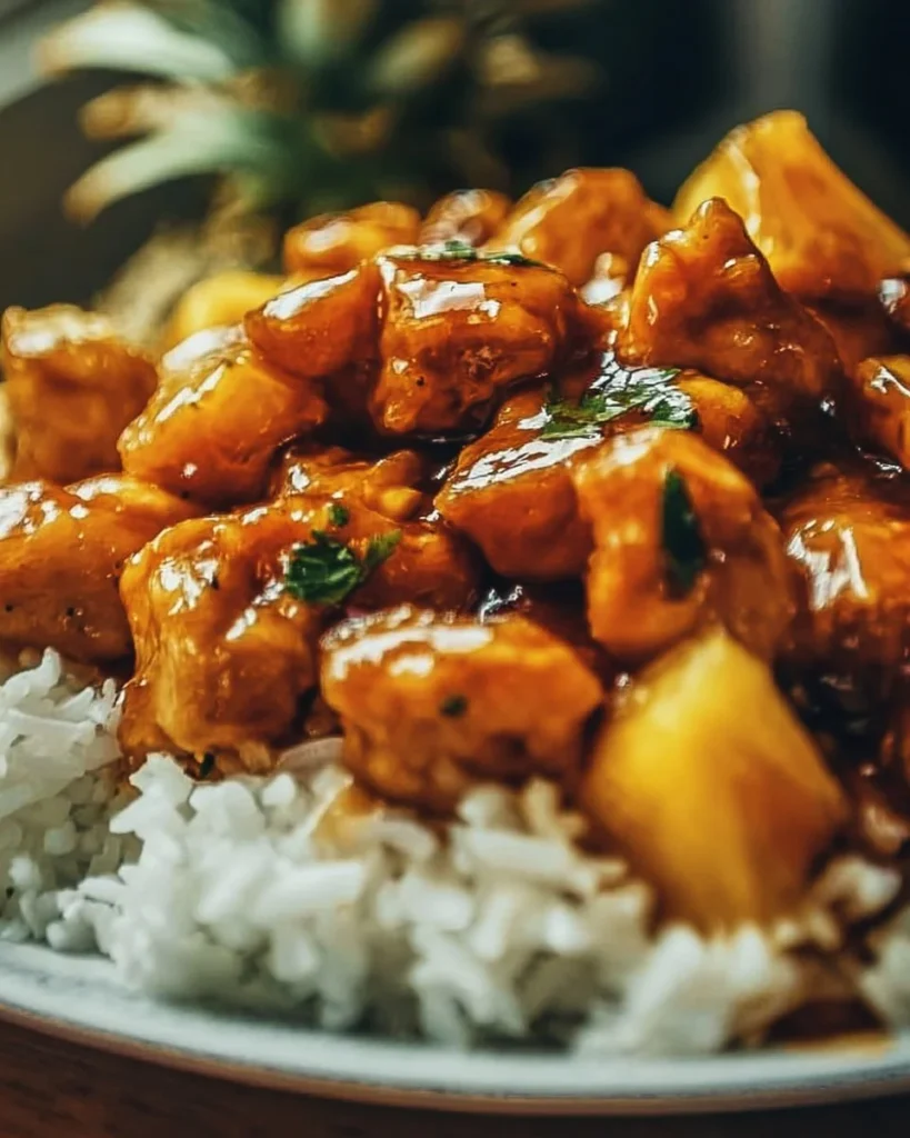 Plate of Pineapple Chicken and Rice garnished with fresh herbs