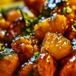 Delicious Pineapple Chicken dish served with rice, garnished with fresh herbs.