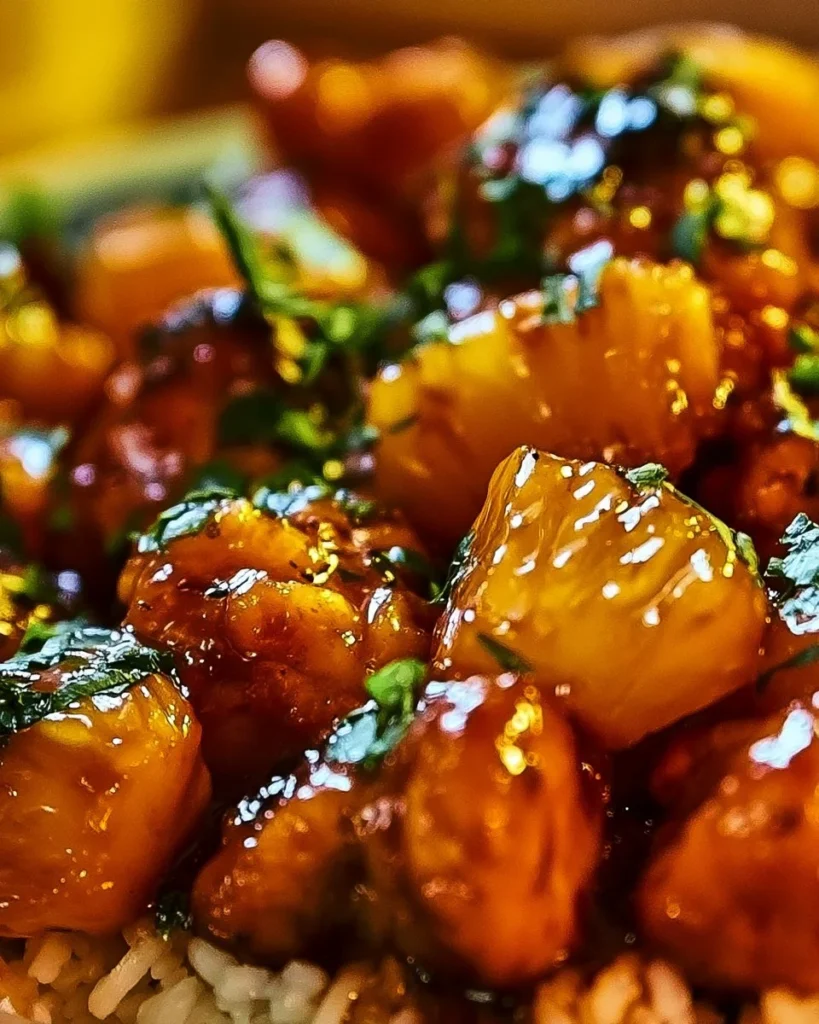 Delicious Pineapple Chicken dish served with rice, garnished with fresh herbs.