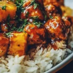 Delicious Pineapple Chicken served with rice and garnished with herbs