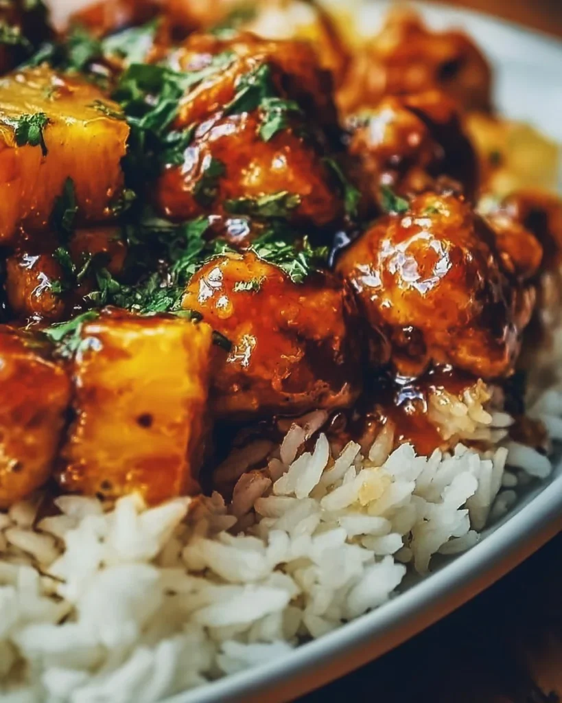 Delicious Pineapple Chicken served with rice and garnished with herbs