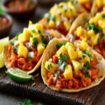 Pineapple Chicken Tacos served with fresh toppings on a wooden table