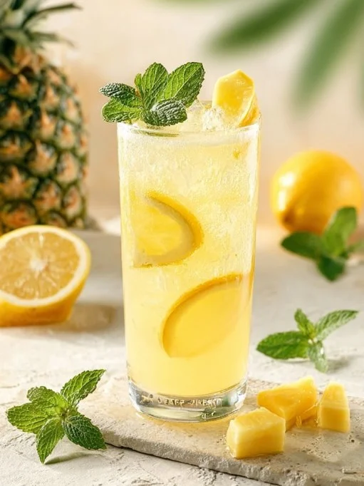 A refreshing Pineapple Lemon Fizz drink served in a glass with garnishes