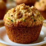 Pineapple Walnut Zucchini Muffins on a wooden table with fresh zucchini and walnuts