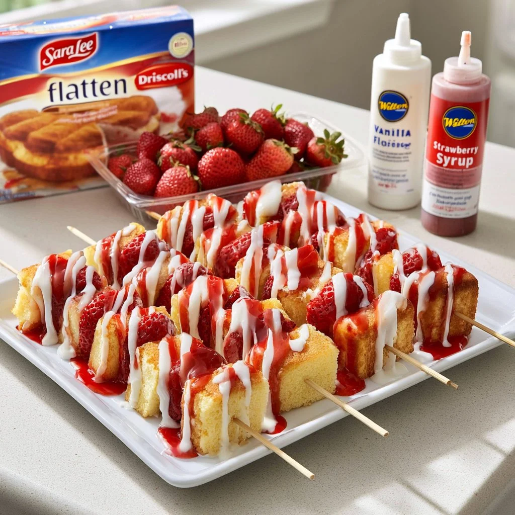 Delicious pound cake and strawberry kabobs on skewers.