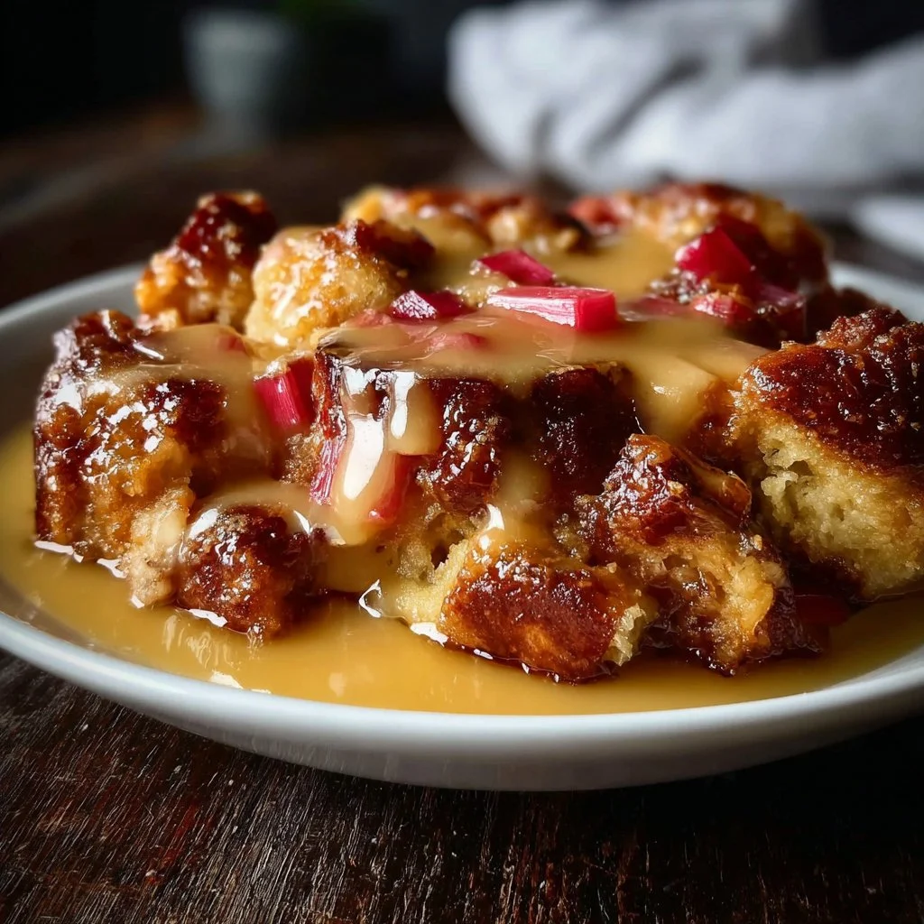 Delicious rhubarb bread pudding served in a bowl with fresh rhubarb