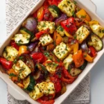 Plate of roasted Mediterranean vegetables and halloumi cheese