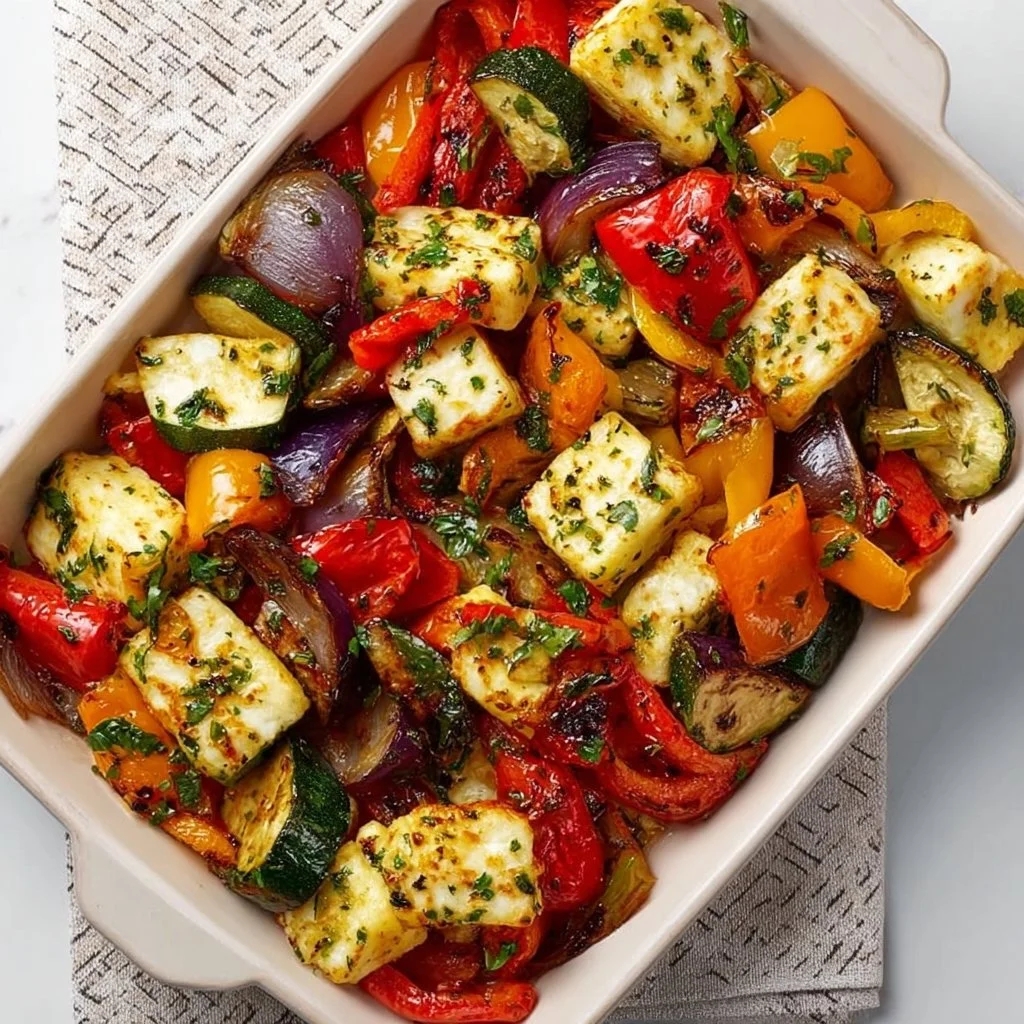 Plate of roasted Mediterranean vegetables and halloumi cheese