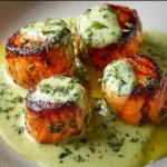 Delicious salmon balls with creamy avocado sauce on a plate