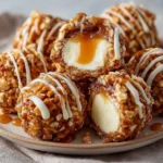 Delicious salted caramel pretzel cheesecake balls served on a plate