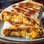 Homemade breakfast crunchwrap filled with eggs, cheese, and veggies
