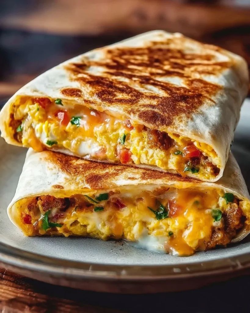 Homemade breakfast crunchwrap filled with eggs, cheese, and veggies