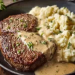 Savory Gaelic Irish steaks with whiskey cream sauce and colcannon on a plate.