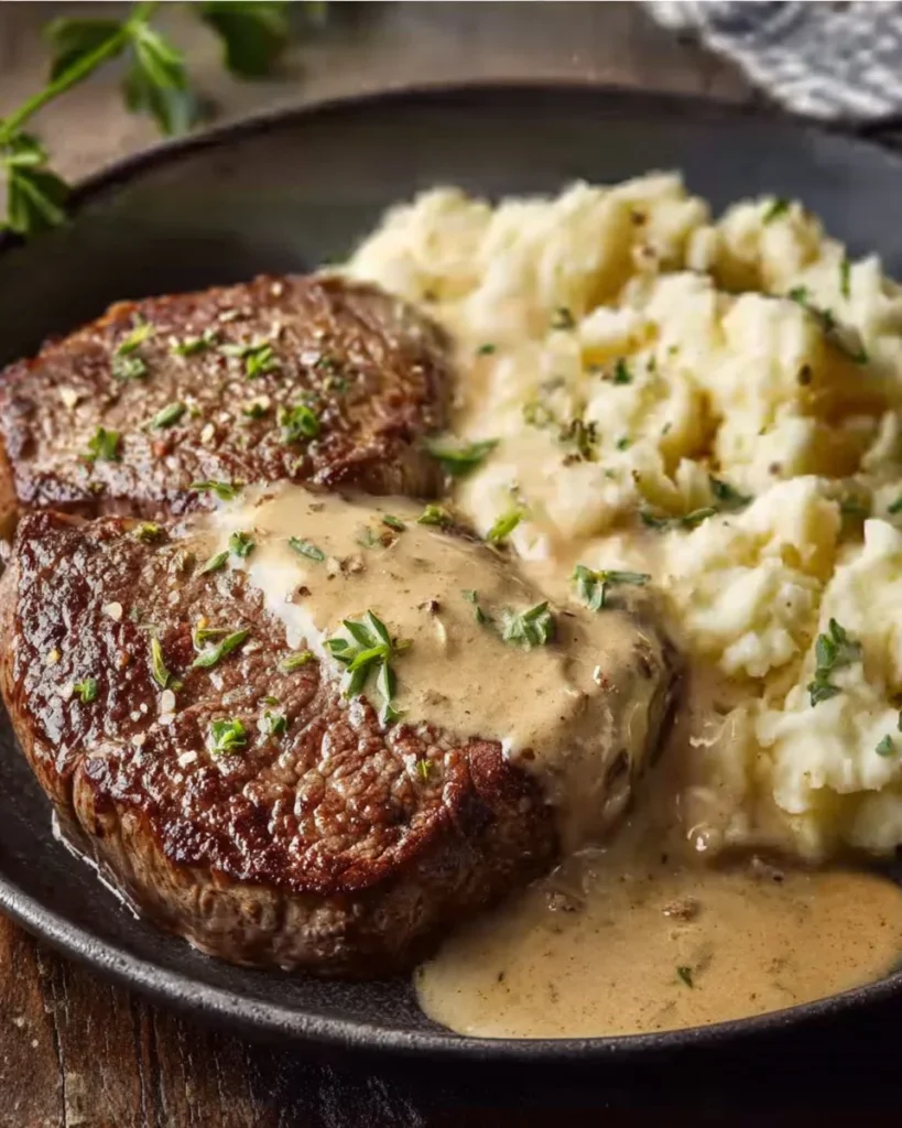 Savory Gaelic Irish steaks with whiskey cream sauce and colcannon on a plate.